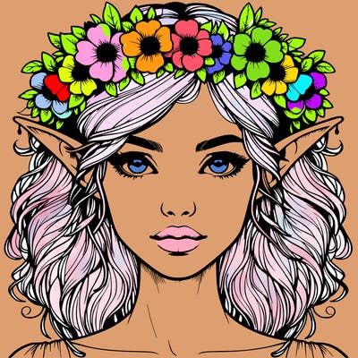 realistic female elf with flower crown
