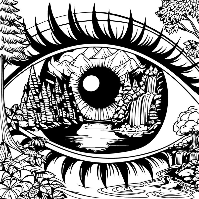 realistic eye reflecting a beautifull water fall and enchanted forrest