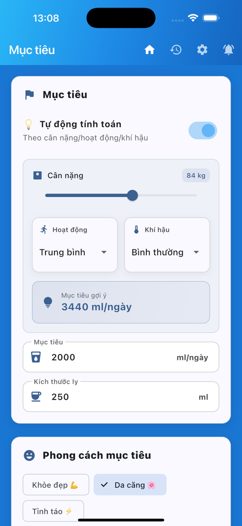 Drink Water Remind - Interface of Drink Water Remind app showing daily hydration goal settings and weight based calculation