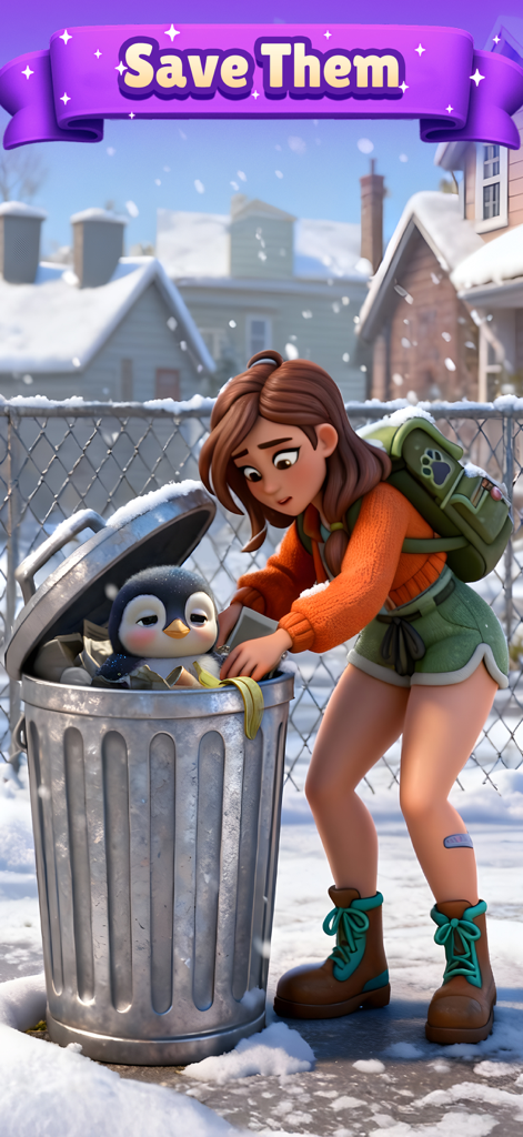 A young woman rescues a small penguin from a trash can in a snowy neighborhood
