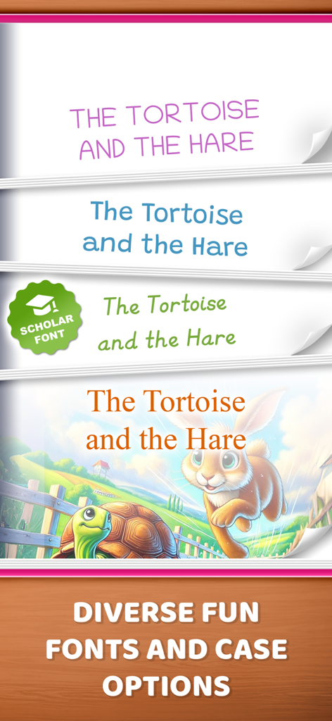 Different font and case options for the story The Tortoise and the Hare in a children reading app