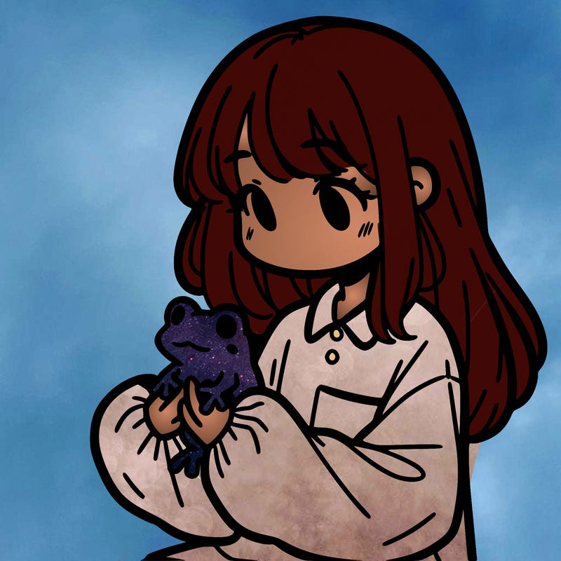 girl with long hair and a oversized shirt. and she is holding a frog