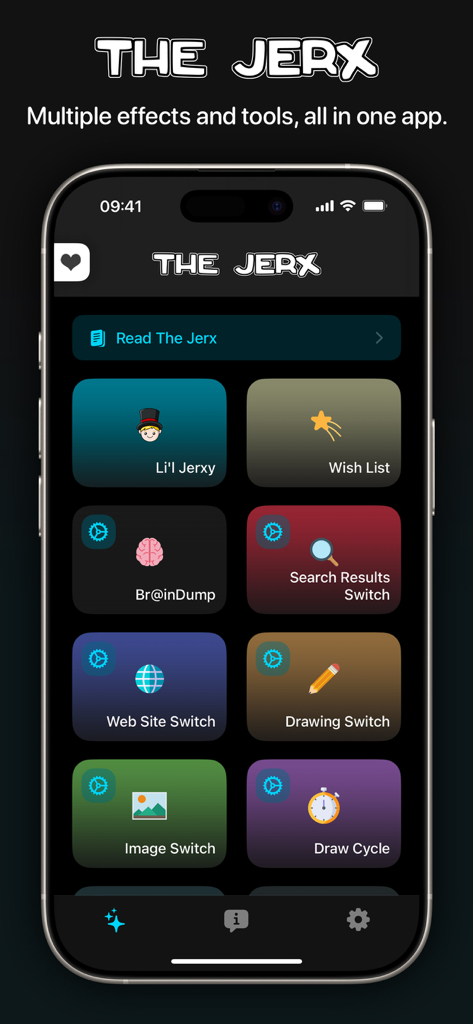 The Jerx - La pantalla de inicio de la aplicación de magia The Jerx en un iPhone que muestra varios módulos de efectos como BrainDump e Image Switch