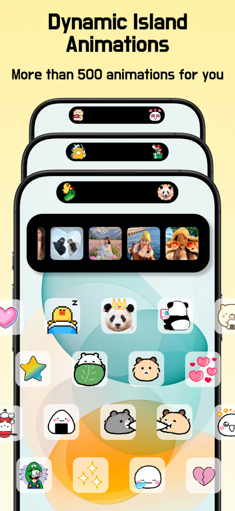 Una varietà di graziose animazioni estetiche per la Dynamic Island e icone di personaggi visualizzate su uno schermo iPhone.