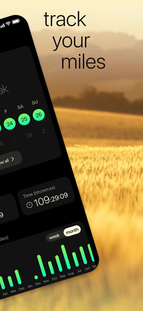 Walking Distance Tracker - Interfaz de la aplicación Vima Walking Tracker que muestra estadísticas de actividad mensual y un gráfico de progreso sobre un paisaje escénico.