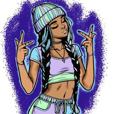 realistic teenage girl with braids and a beanie and crop top doing 🫶🏼