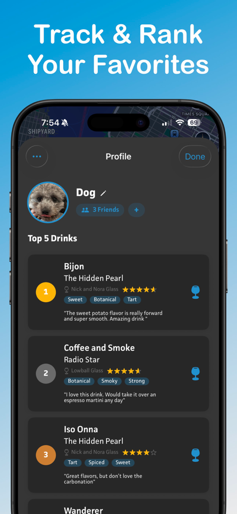 DrinkSmith: Home Bartending - A user profile screen in the DrinkSmith app showing a top five ranked list of favorite cocktails with personal ratings and flavor profiles.
