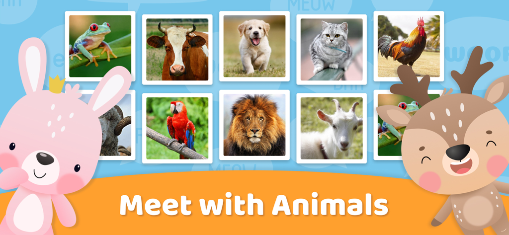 Baby Games for Kids - Babymals - Una pantalla de aplicación educativa para niños que muestra varias fotos de animales con personajes de conejos y ciervos de dibujos animados