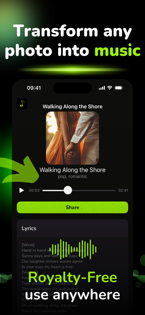 AI Music & Song Generator - AI - Interfaz de aplicación móvil que muestra cómo transformar fotos en música libre de derechos