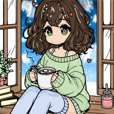 cute anime girl reading book and drinking hot chocolate from mug with loose wavy hair wearing a baggy sweatshirt and shorts sitting by windowsill looking out