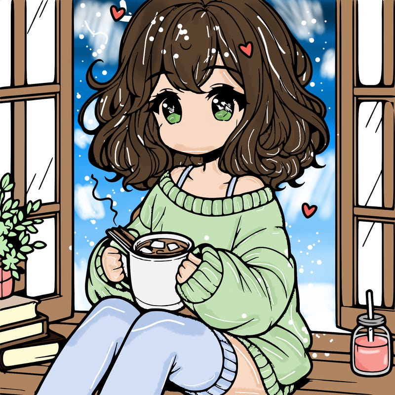 cute anime girl reading book and drinking hot chocolate from mug with loose wavy hair wearing a baggy sweatshirt and shorts sitting by windowsill looking out
