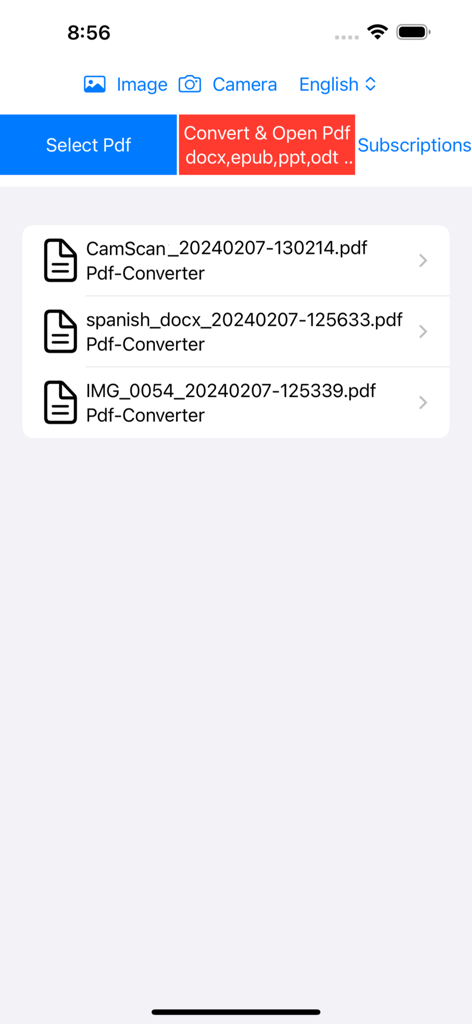 PDF Converter , PDF Reader - Interfaz de usuario de la aplicación Convertidor y Lector de PDF mostrando una lista de documentos PDF escaneados y convertidos recientemente en un iPhone