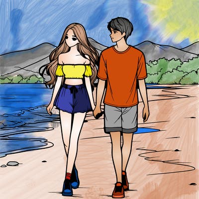 a girls walking in the beach with her boyfriend realistic