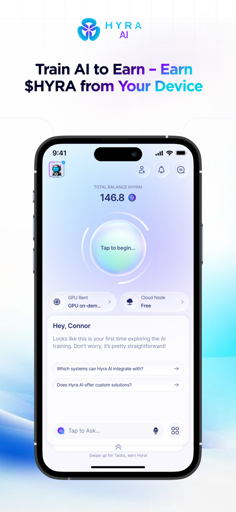 HYRA AI - AI on Edge Computing - Mobile app interface of HYRA AI showing total balance and AI training features on a smartphone screen