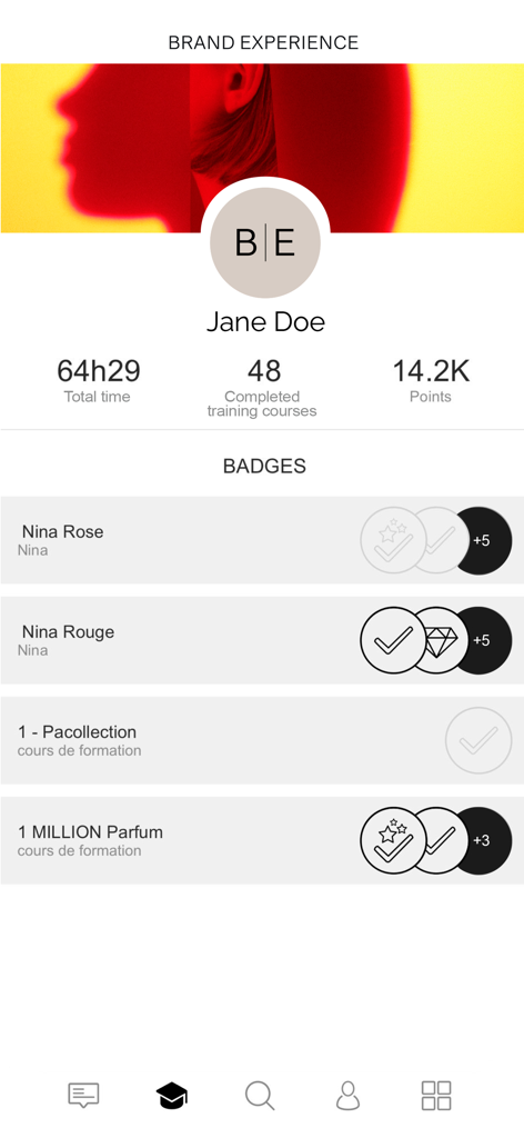 BRAND EXPERIENCE - Écran de profil utilisateur dans l'application Brand Experience montrant les statistiques de progression de la formation et les badges obtenus pour les marques de parfums de luxe.