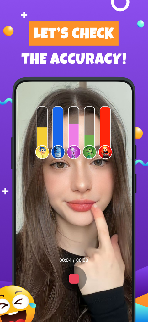 Emoji Craze: Funfest Filters - Emoji Craze app interface showing a facial expression accuracy test with character emotion bars