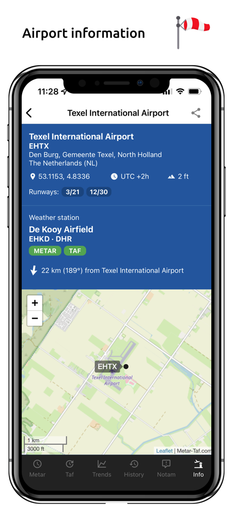 Metar-Taf app interface displaying airport information and runway map for Texel International Airport.