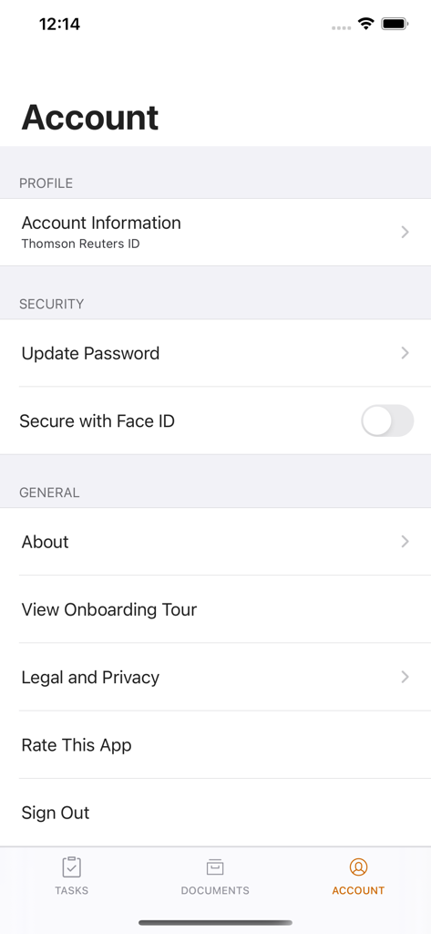 Onvio Client Center - Schermata delle impostazioni dell'account nell'app Onvio Client Center che mostra opzioni di gestione del profilo, della sicurezza e generali.