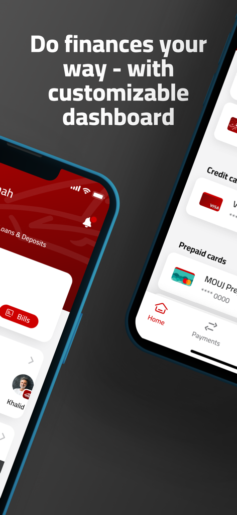 Gulf Bank Mobile Banking - Gulf Bank mobile app interface showing a customizable financial dashboard on a smartphone screen