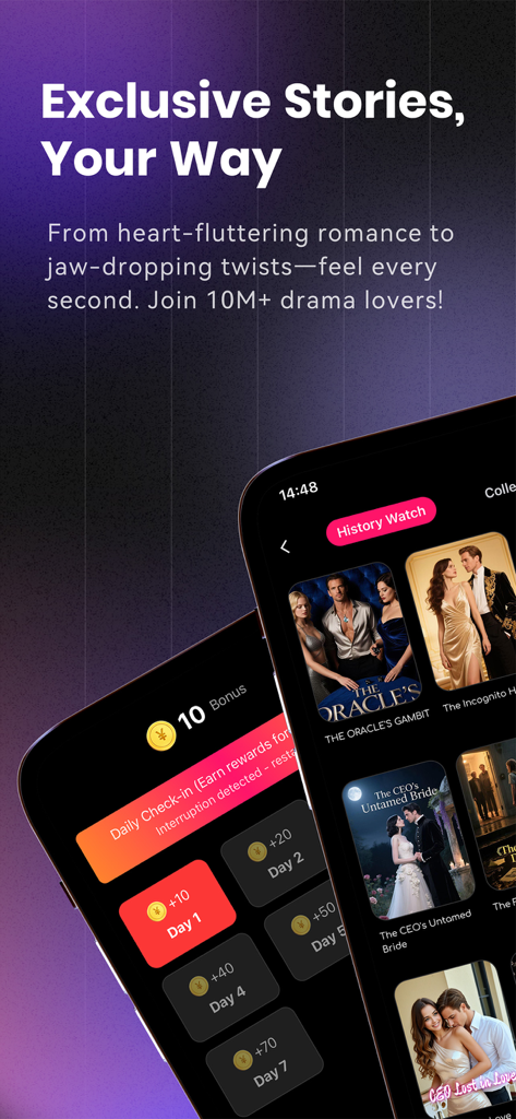 FomoShort - Interface of the FomoShort app showing a daily check-in reward screen and a library of short romantic dramas.