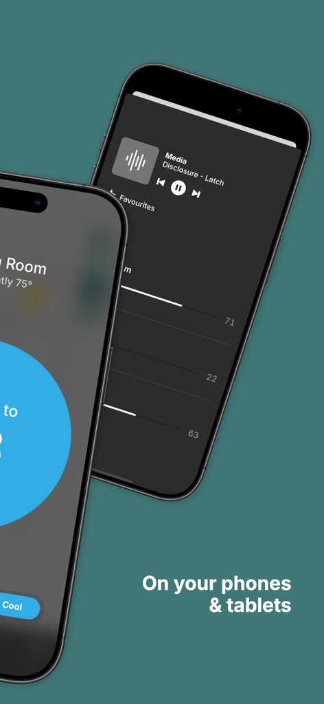 Zendo - Smart Home & Office - Interfaz de la aplicación Zendo en dos teléfonos inteligentes que muestra reproducción multimedia y controles de temperatura de la habitación