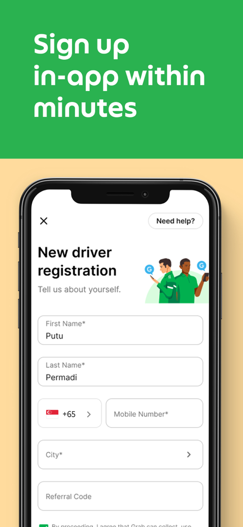 Registration form for the Grab Driver app showing fields to sign up as a new partner