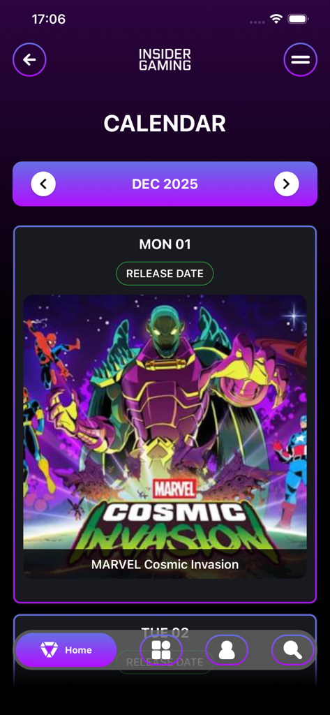 Insider Gaming app release calendar showing Marvel Cosmic Invasion launch date
