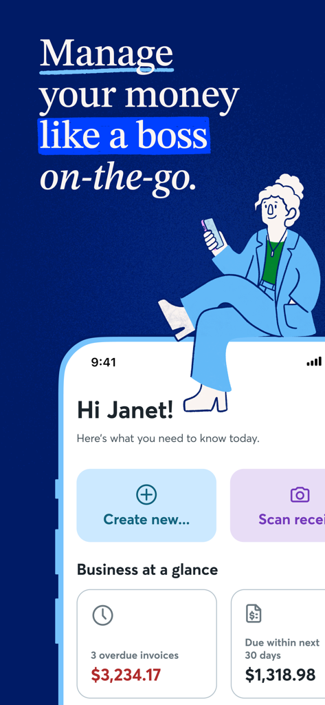 Wave: Small Business Software - Eine mobile App-Oberfläche für Wave, die ein Geschäfts-Dashboard mit überfälligen Rechnungen und einer Schaltfläche zum Scannen von Belegen anzeigt.