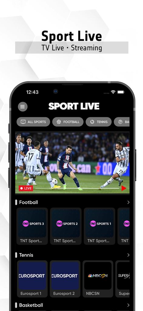 Schermata dell'app mobile Sport Live TV che mostra una partita di calcio dal vivo e icone di canali sportivi