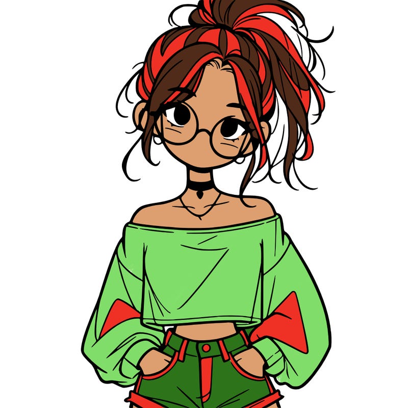 girl with a messy ponytail glasses a baggy crop top and jean shorts