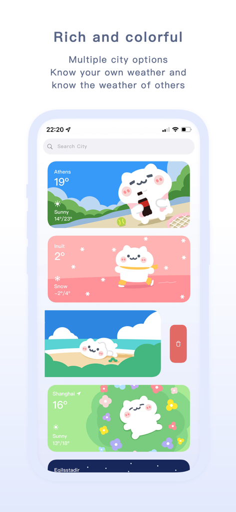 Migao Weather app interface showing a list of cities with colorful cute character illustrations for different weather conditions
