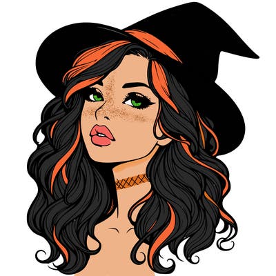 realistic witch girl with wavy hair and lips