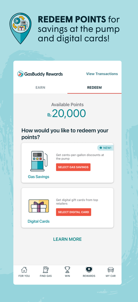 Interface do aplicativo GasBuddy mostrando 20.000 pontos disponíveis para resgate em economia de combustível e vales-presente digitais.