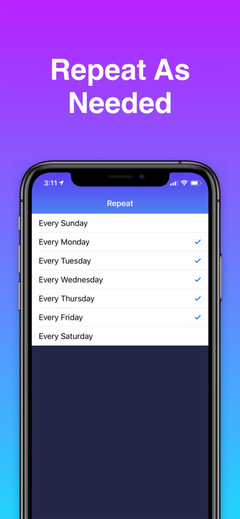 Loud Alarm Clock LOUDEST Sleep - The repeat settings screen of the Loud Alarm Clock app showing selected days of the week for recurring alarms.