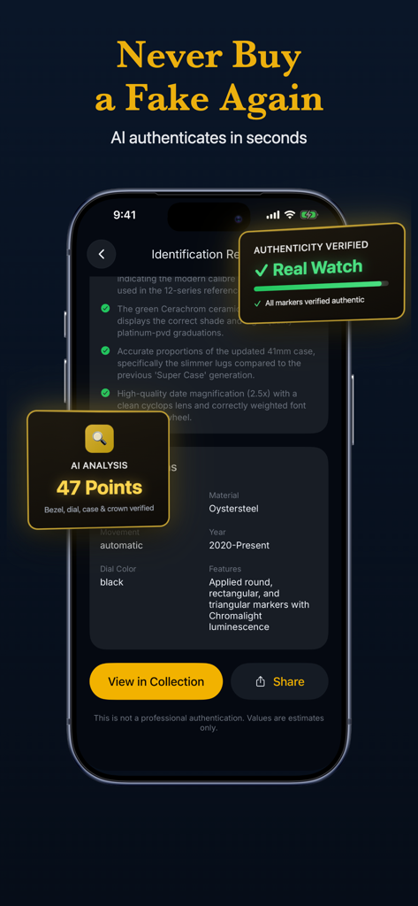 Watch Identifier - AI Scanner - App-Oberfläche, die KI-Echtheitsprüfung und detaillierte Analyse für eine Luxusuhr zeigt
