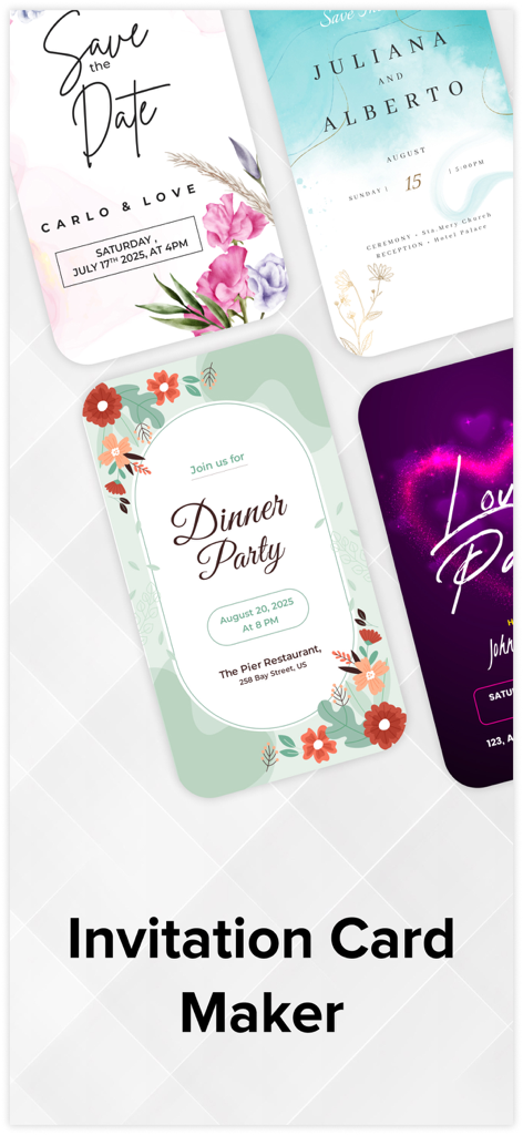 Invitation Maker : Invite Card - A variety of elegant digital invitation card templates for weddings and dinner parties within the app.