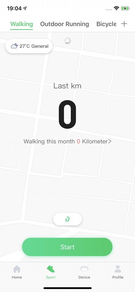 Pestaña de deportes de la aplicación GloryFit mostrando el rastreador de distancia de caminata con fondo de mapa y botón de inicio