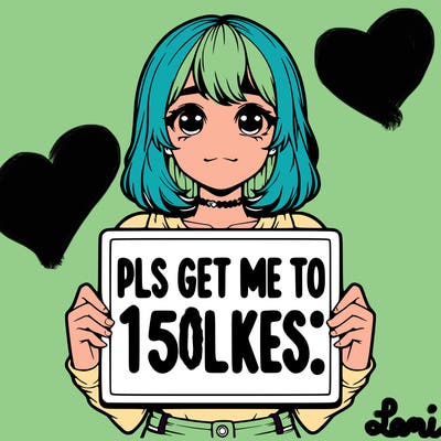 realistic girl holding up a sign that says “pls get me to 15 likes!”