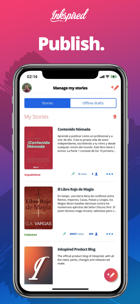 Inkspired - Interfaccia dell'app mobile Inkspired che mostra la schermata di gestione delle mie storie con vari libri pubblicati e non pubblicati