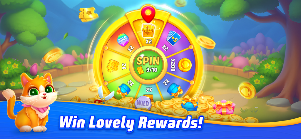 A colorful reward wheel in Solitaire TriPeaks Journey with a cute kitten and gold coins