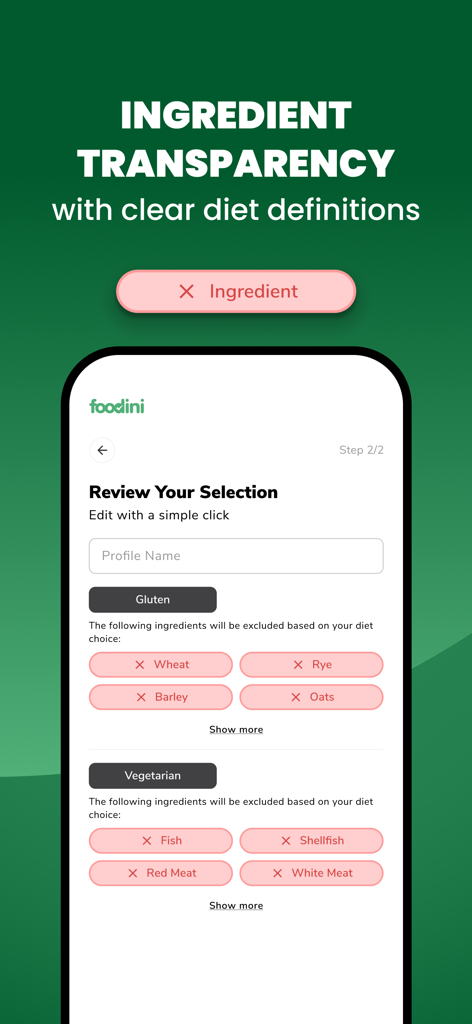 Foodini US - Foodini app screen showing personalized dietary restriction settings for gluten and vegetarian diets