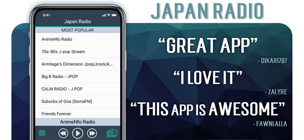 인기 있는 라디오 방송국과 긍정적인 사용자 리뷰를 보여주는 Japan Radio plus 앱 인터페이스