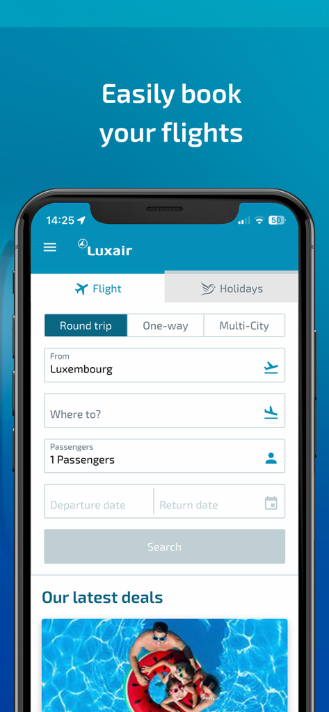 Pantalla de búsqueda de reservas de vuelos de la aplicación móvil Luxair mostrando opciones de vuelos de ida y vuelta desde Luxemburgo
