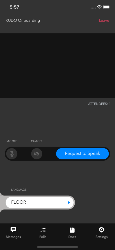 KUDO Live - KUDO Live app meeting screen featuring a request to speak button and language selection options