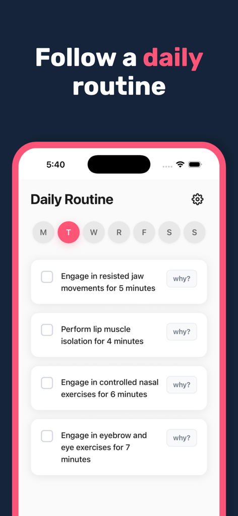 Symmetry AI app interface showing a daily facial exercise routine checklist including jaw movements and eye exercises.