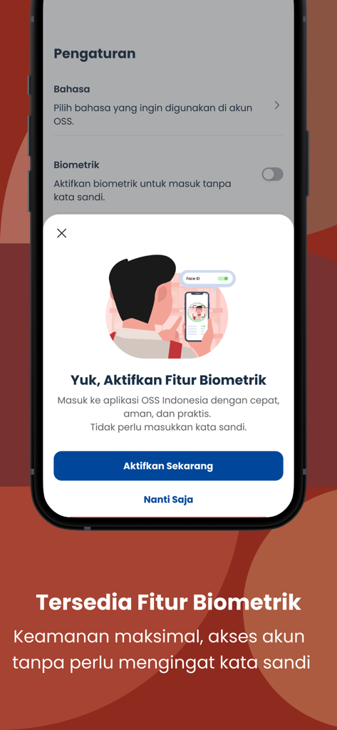 OSSインドネシアモバイルアプリのインターフェース。パスワードなしの安全で迅速なアクセスを可能にする生体認証ログイン機能の有効化を促すプロンプトが表示されています。