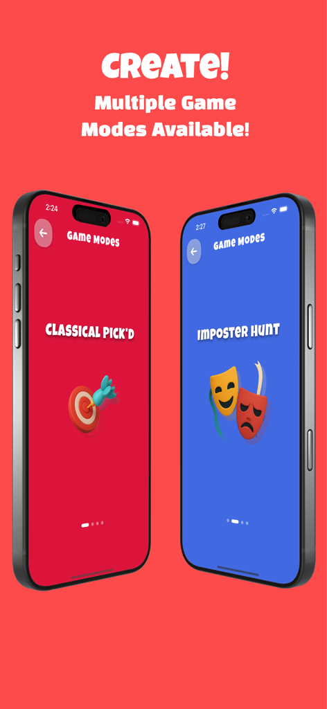Pick'd - The Social Party Game - A screen showing two iPhones with Classical Pickd and Imposter Hunt game modes
