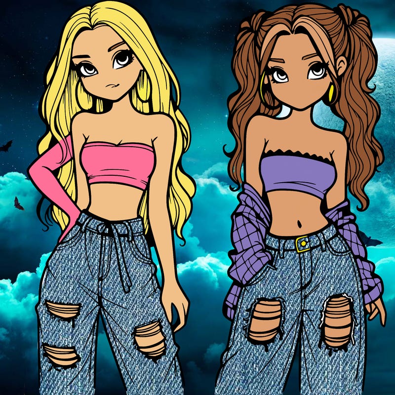 2 girls in crop tops and baggy jeans ripped
