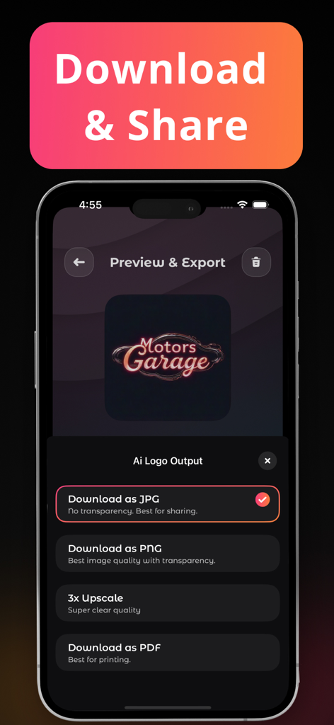 Logo Maker · Ai Flyer Maker - Evolvo app screen showing logo export options including JPG PNG and PDF formats with a high resolution upscale feature