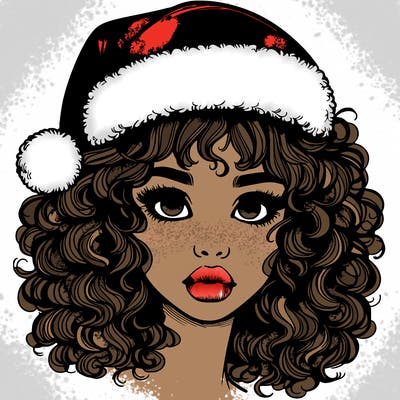 realistic girl with a santa hat curly hair and lips